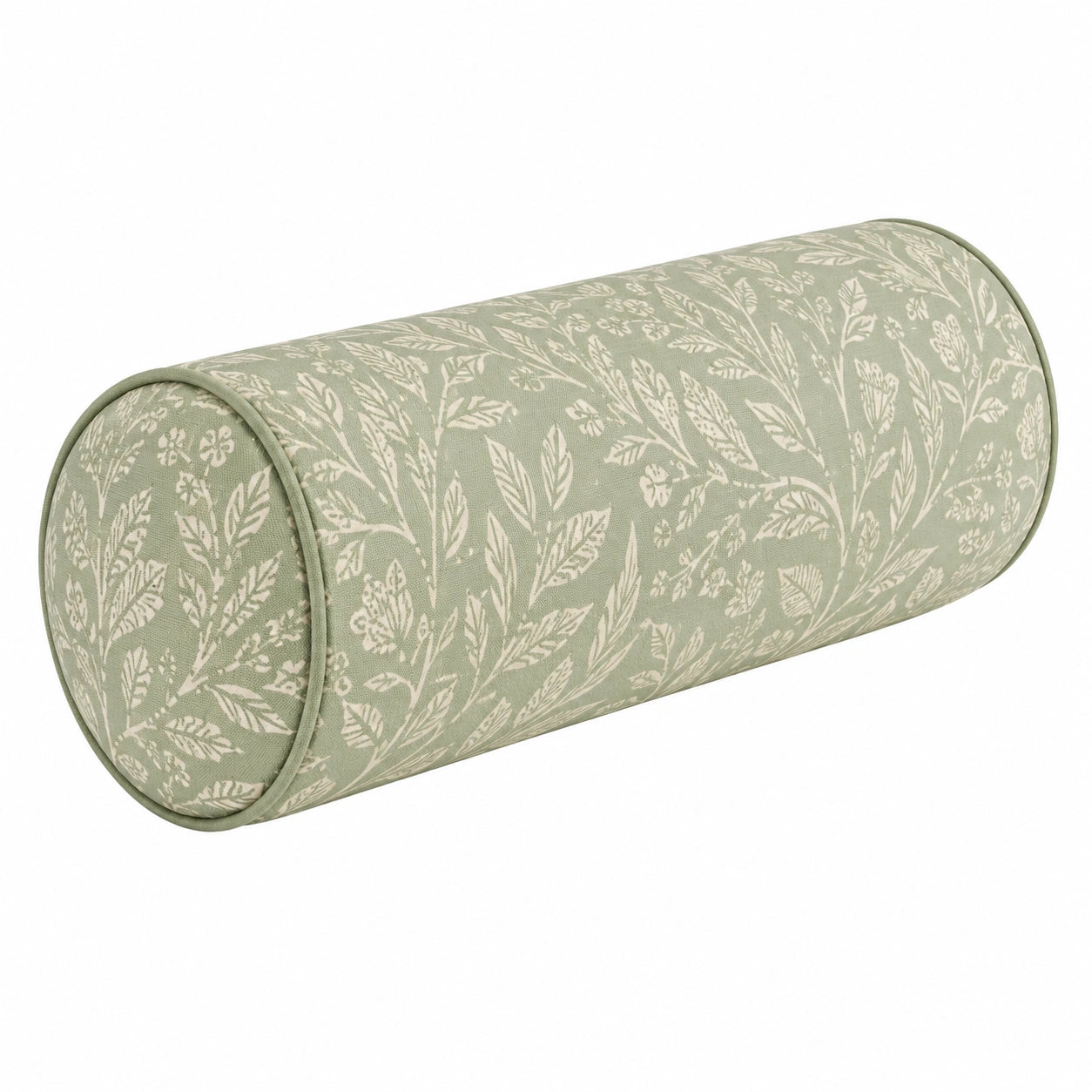 Cuscino cilindrico 45 x 20 cm in tessuto verde salvia a motivo botanico decorativo