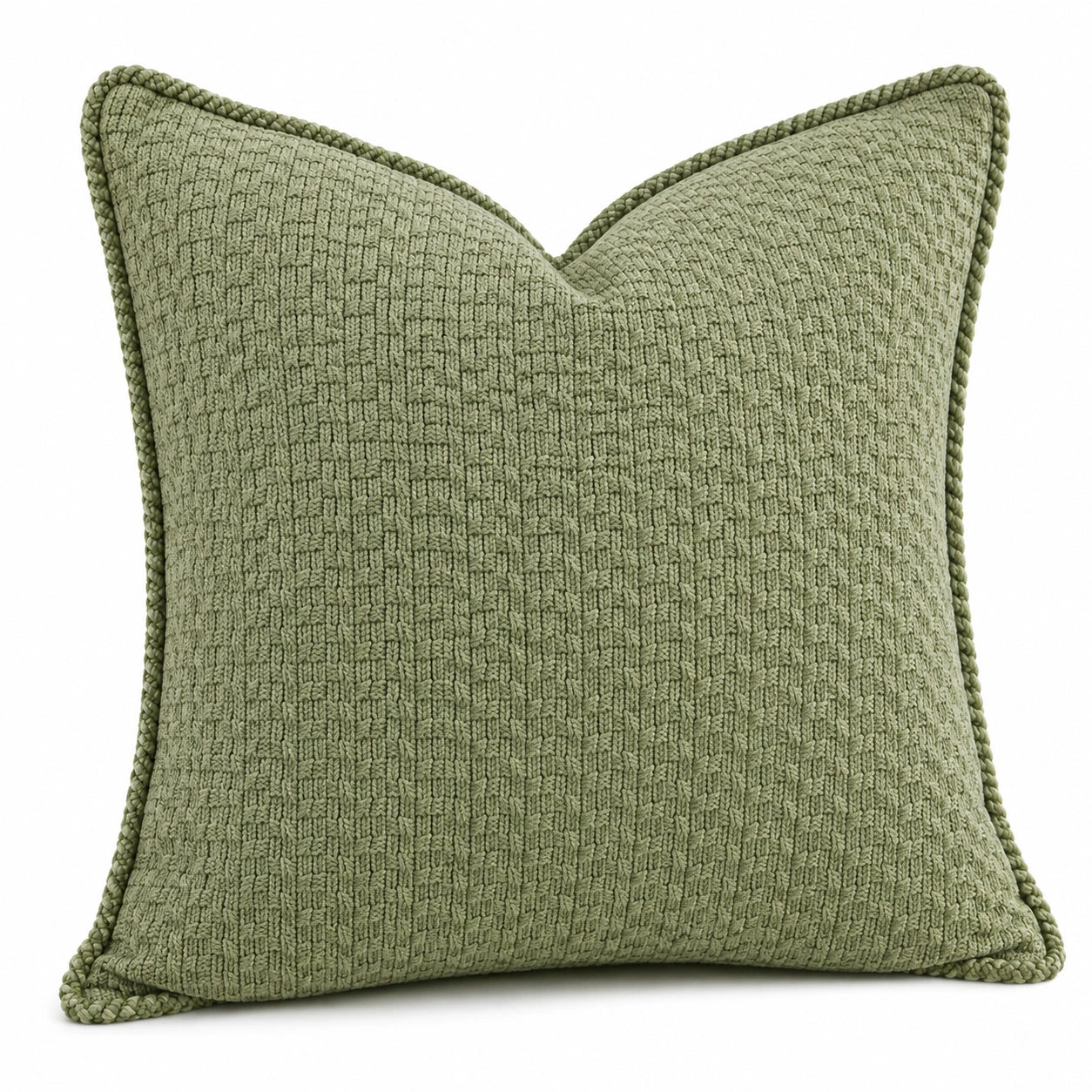 Cuscino decorativo 45 x 45 cm in tessuto verde salvia con bordo intrecciato