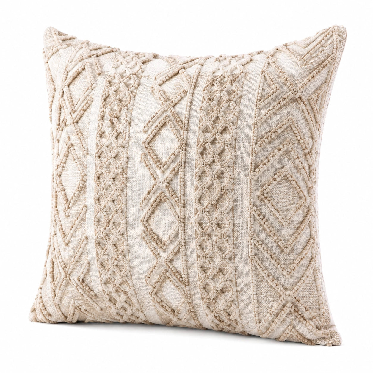 Cuscino decorativo 45 x 45 cm in tessuto beige con motivo geometrico in rilievo stile boho
