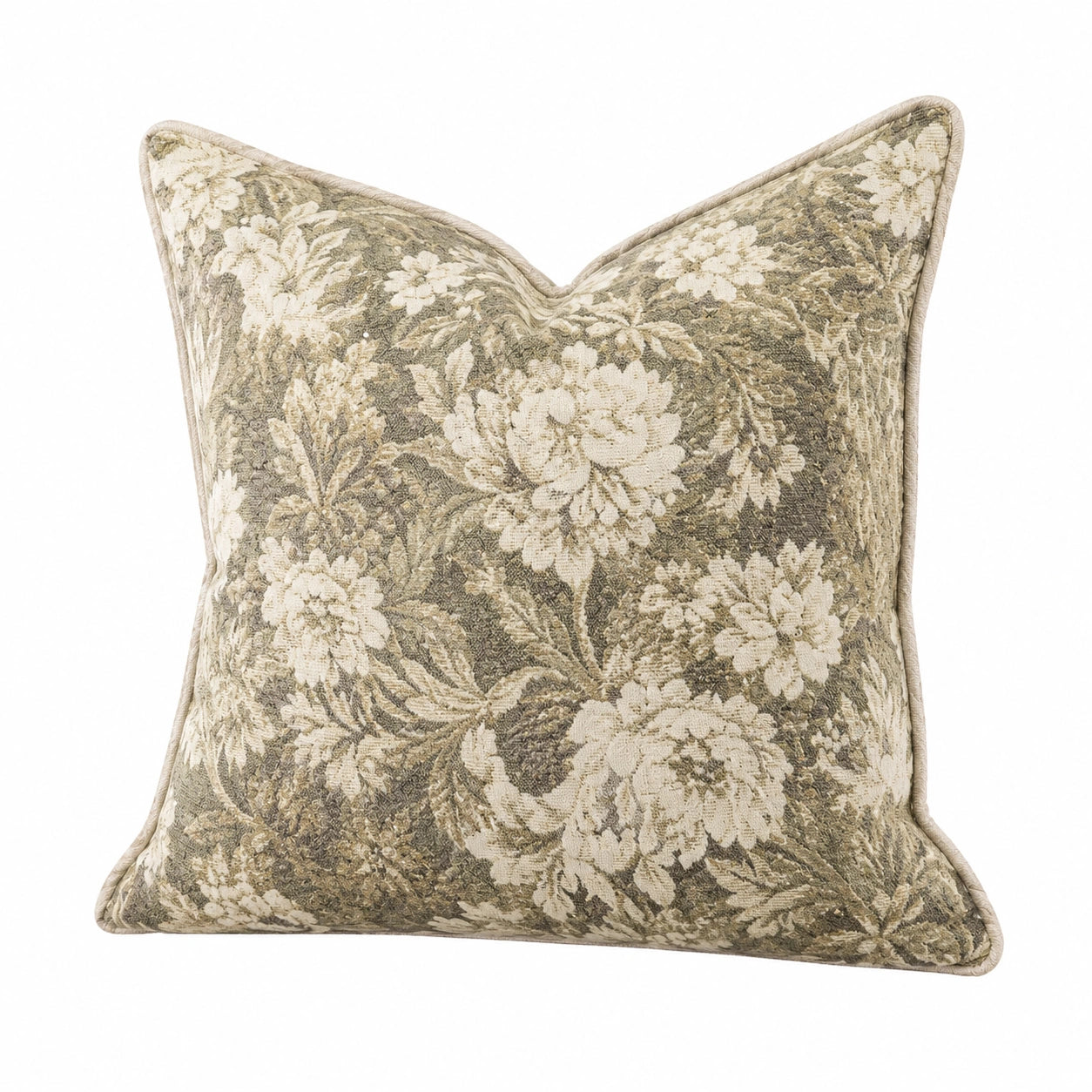Cuscino decorativo 50 x 50 cm in tessuto verde salvia e beige con motivo floreale - stile classico