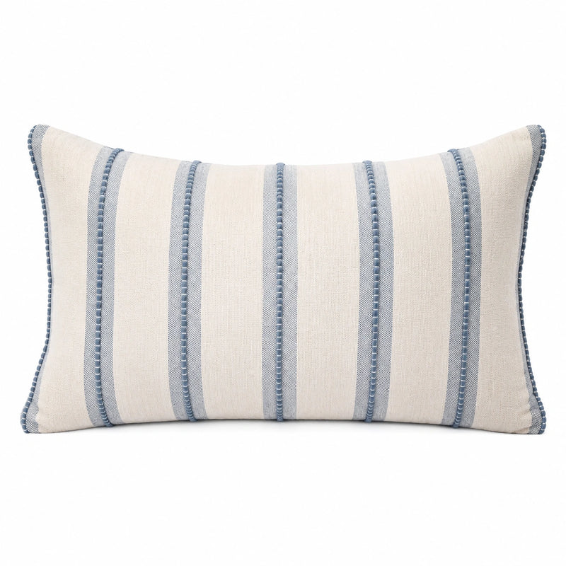 Cuscino decorativo 50 x 30 cm in tessuto beige e blu a righe stile costiero