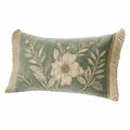 Cuscino decorativo 50 x 30 cm in velluto verde salvia con ricamo floreale e frange