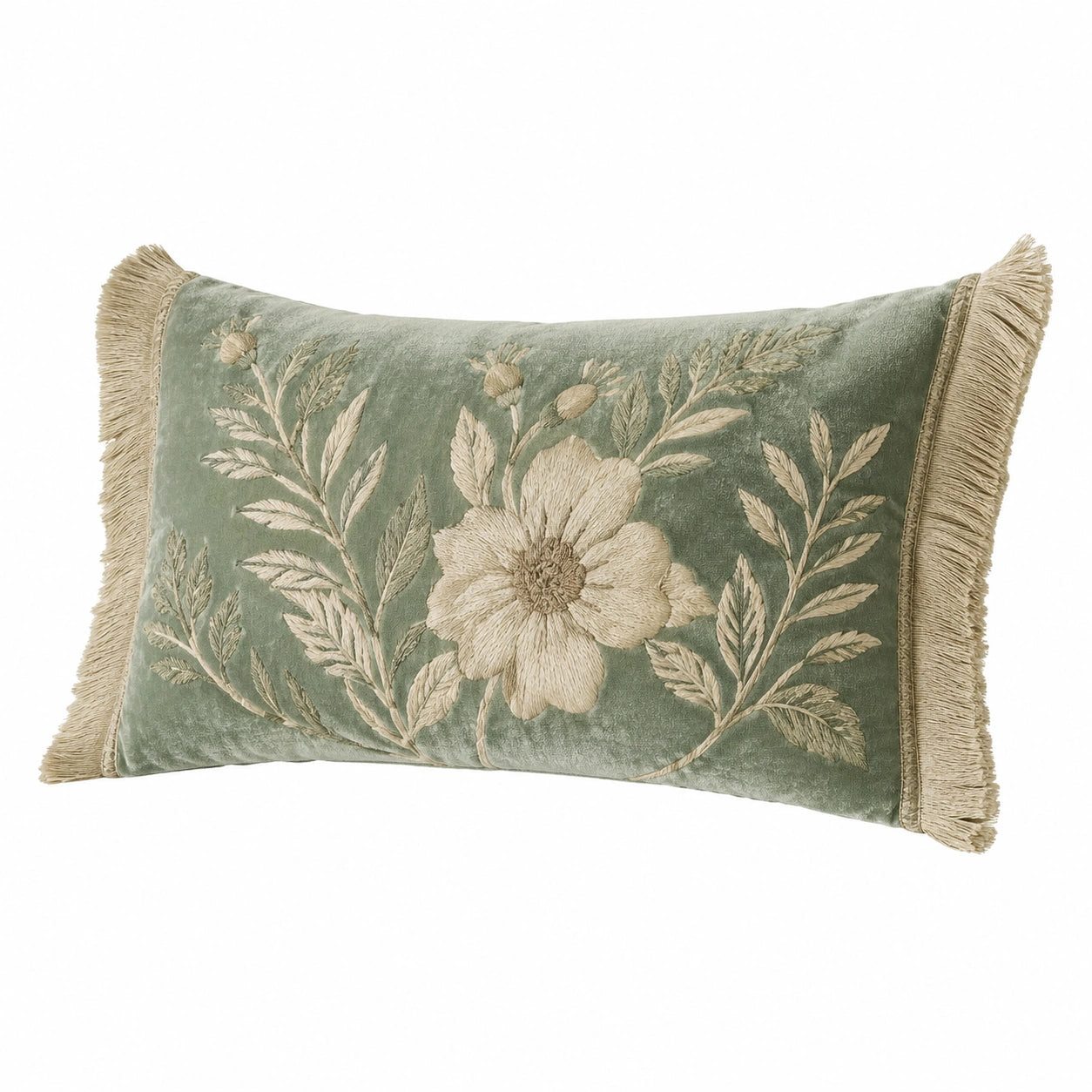 Cuscino decorativo 50 x 30 cm in velluto verde salvia con ricamo floreale e frange