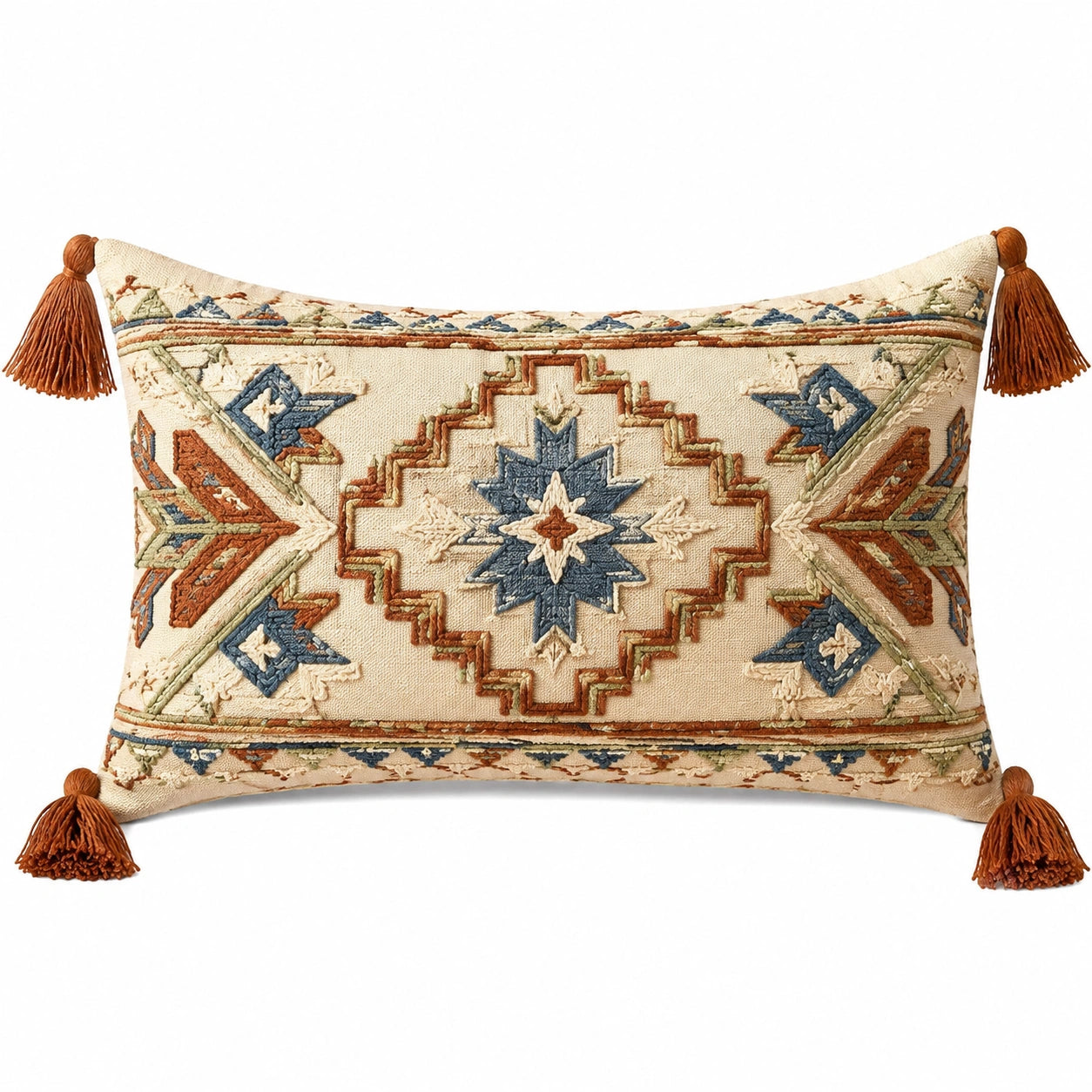 Cuscino decorativo 50 x 35 cm in tessuto beige ricamato con motivo geometrico e nappine