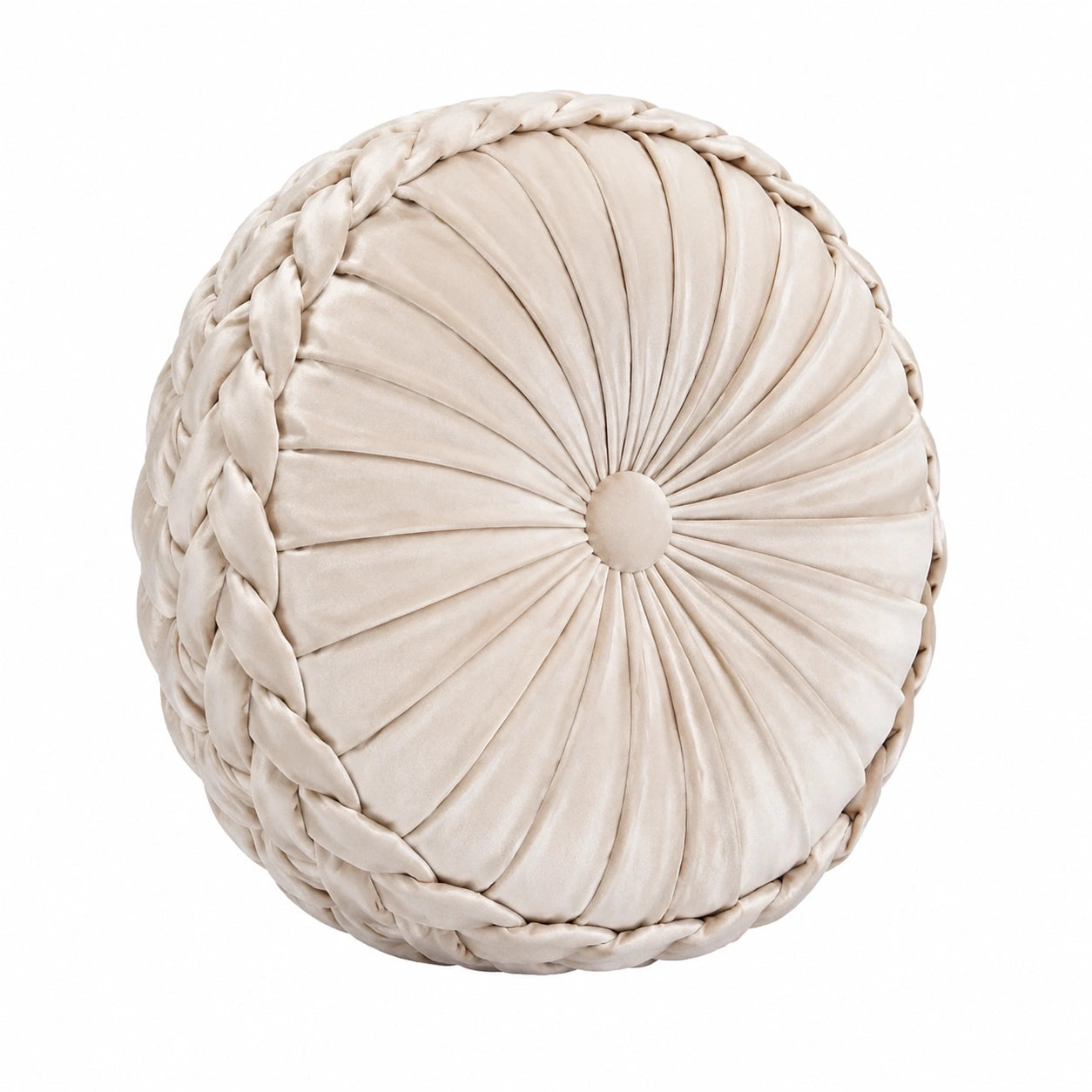 Cuscino rotondo 45 cm in velluto beige con pieghe decorative
