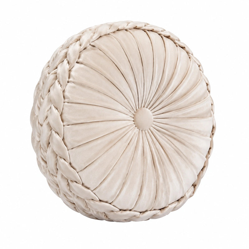 Cuscino rotondo 45 cm in velluto beige con pieghe decorative