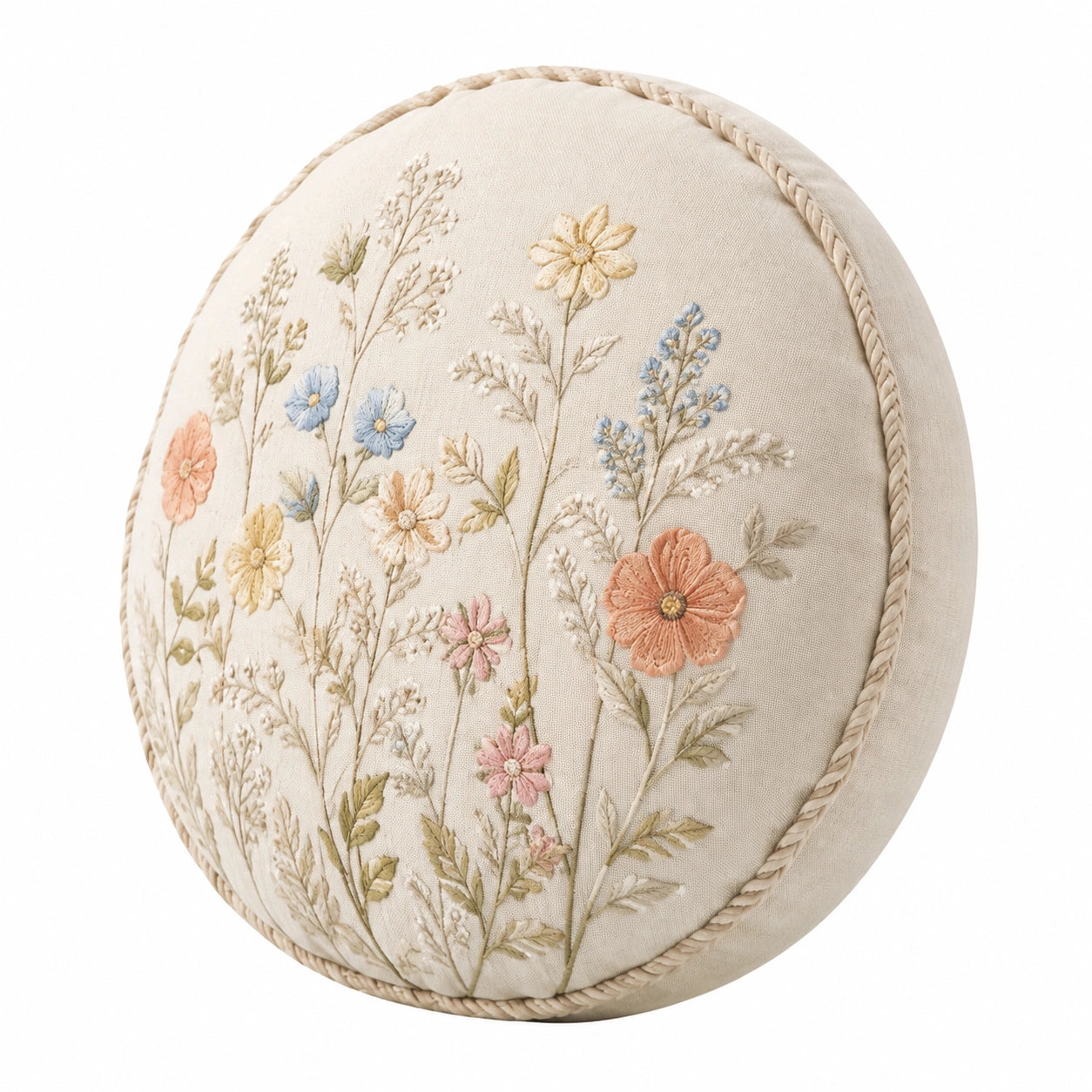 Cuscino rotondo 45 cm in tessuto beige ricamato floreale decorativo