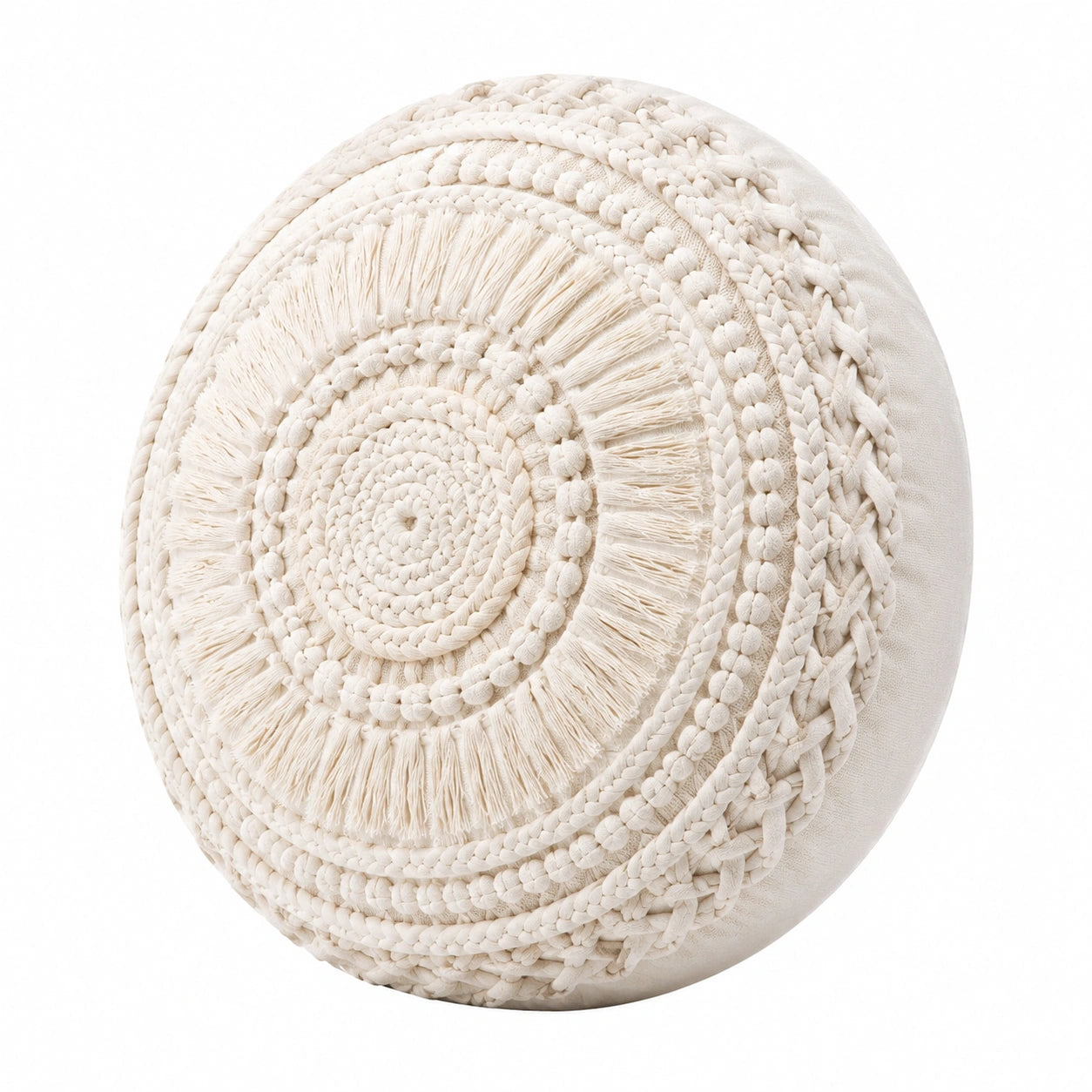 Cuscino decorativo rotondo 40 cm in tessuto avorio per arredamento stile boho