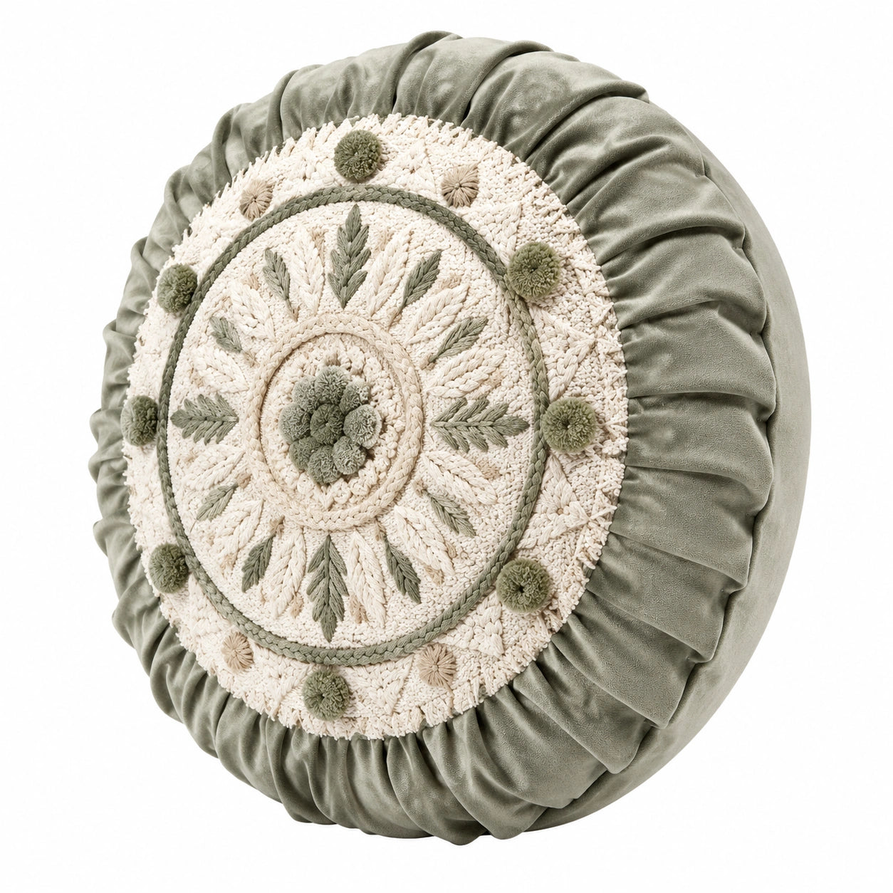 Cuscino decorativo rotondo 45 cm in velluto verde salvia con ricamo floreale