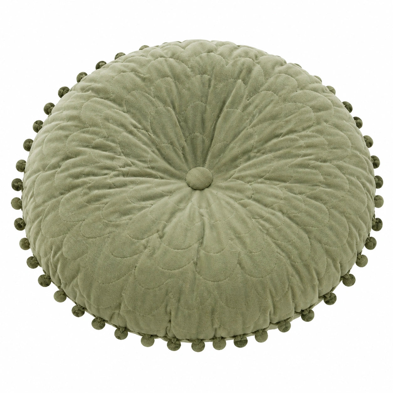 Cuscino rotondo 40 cm in velluto verde con pompon decorativi
